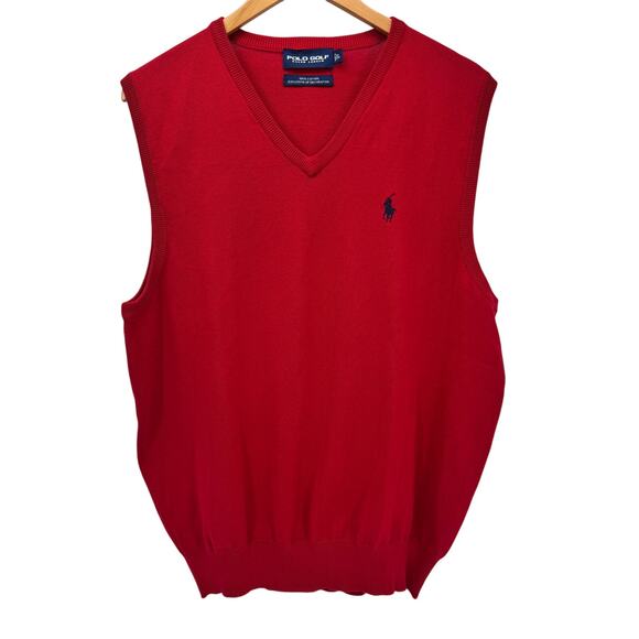 Polo Golf Sweater Vest Mens Large Red V-Neck Cotton Knit Ralph Lauren Vintage - Picture 1 of 6